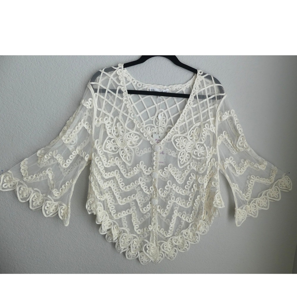 Pretty Angel Women Silk Blend Lace Mesh Cardigan NWT Small Sheer Boho Dressy